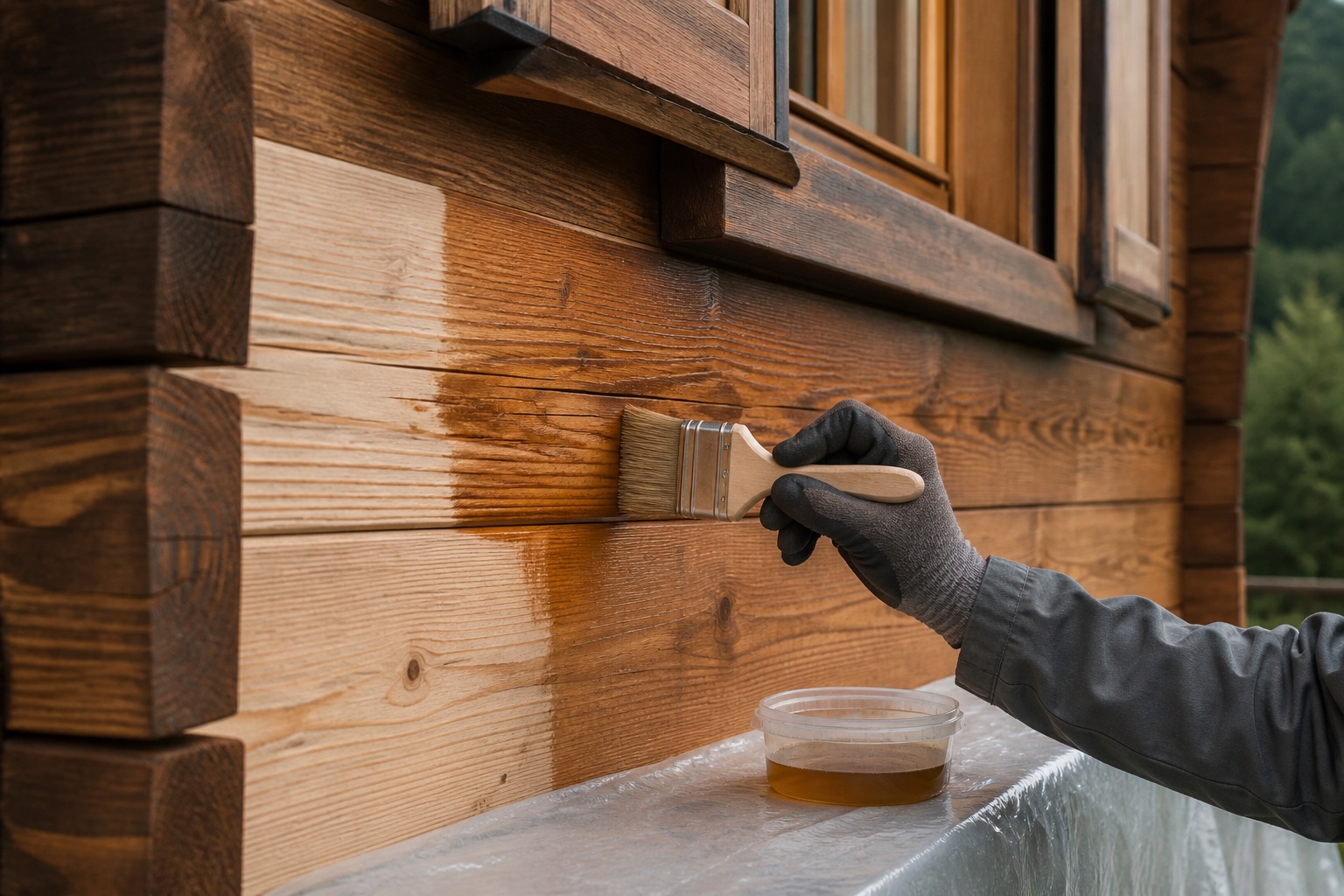 Essai d’application d’une lasure transparente sur le bardage bois d’un chalet — image d’illustration