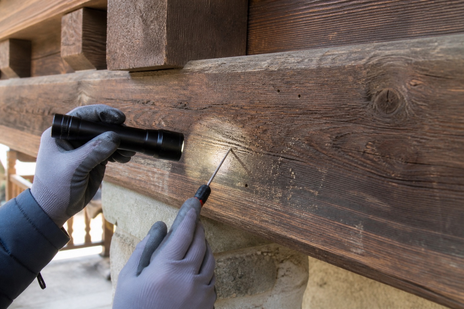 Inspection de trous et de poussière de bois sur un élément de chalet — image d’illustration