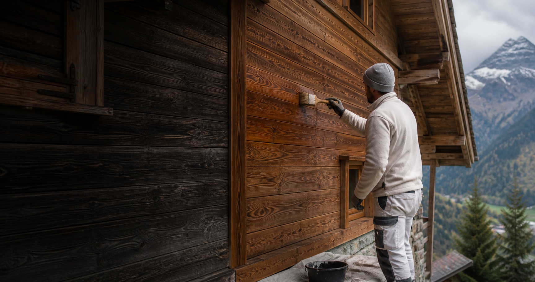 Application professionnelle d’une lasure sur le bardage bois d’un chalet en Haute-Savoie — image d’illustration