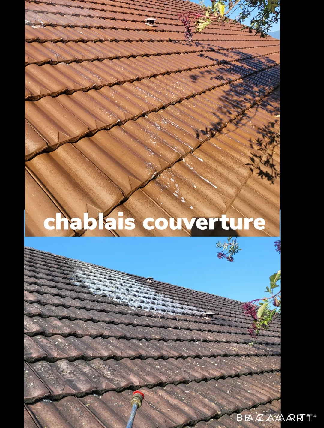 Comparaison avant et après nettoyage d’une toiture en tuiles