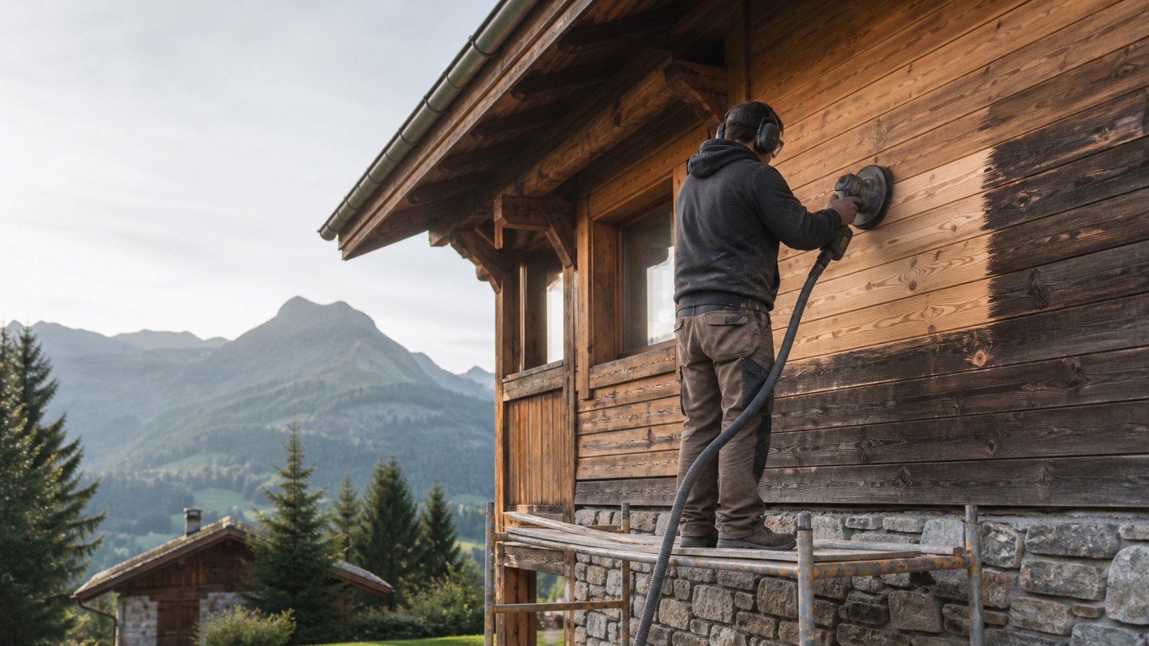 Ponçage professionnel des boiseries extérieures d’un chalet en Haute-Savoie — image d’illustration