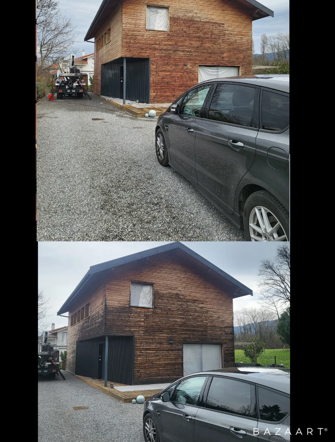 Comparaison avant et après rénovation du bois extérieur d’un chalet