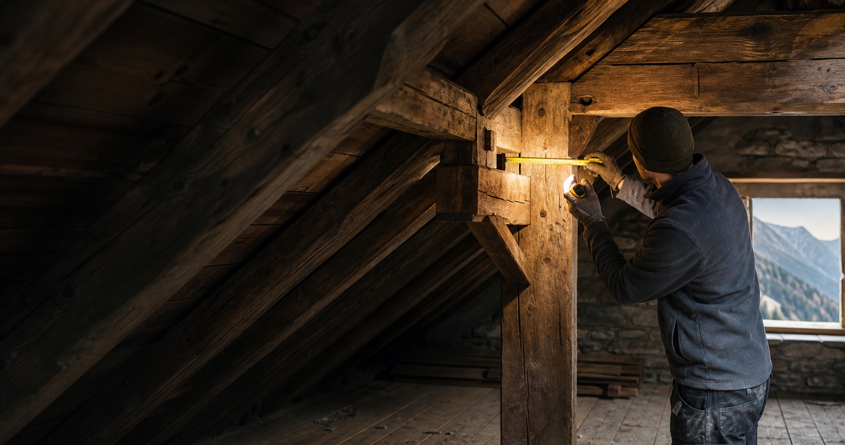 Inspection d’une charpente traditionnelle de chalet en Haute-Savoie avant rénovation — image d’illustration