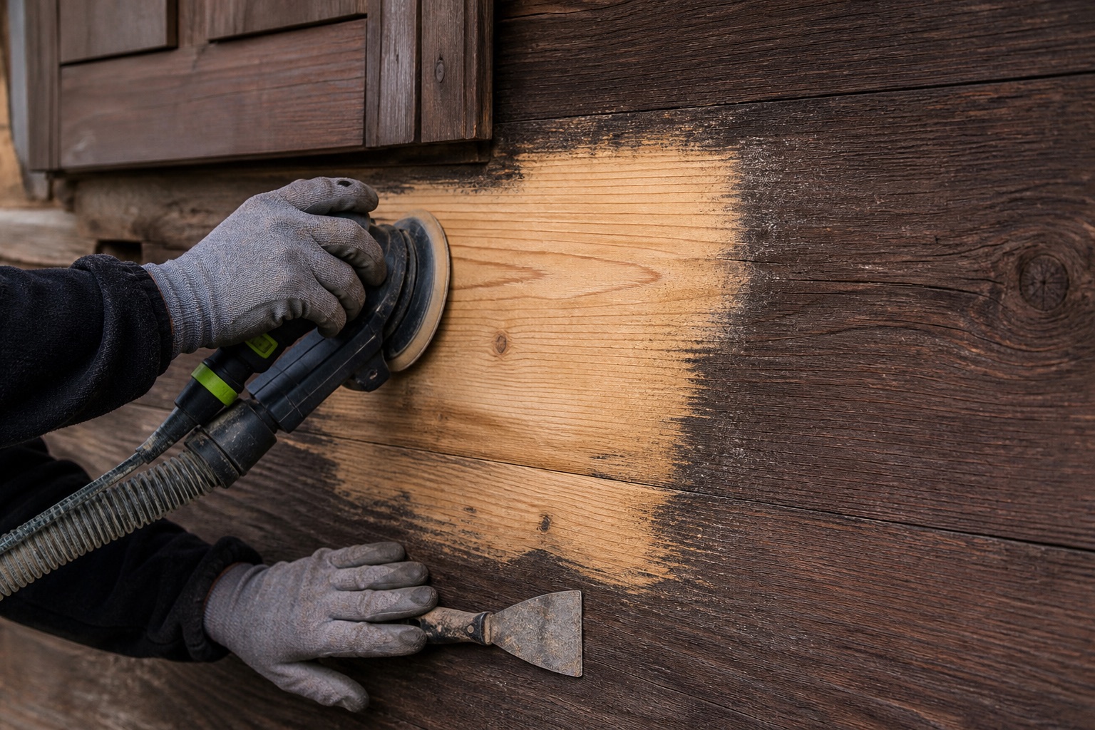 Essai de ponçage sur une zone limitée du bardage bois d’un chalet — image d’illustration