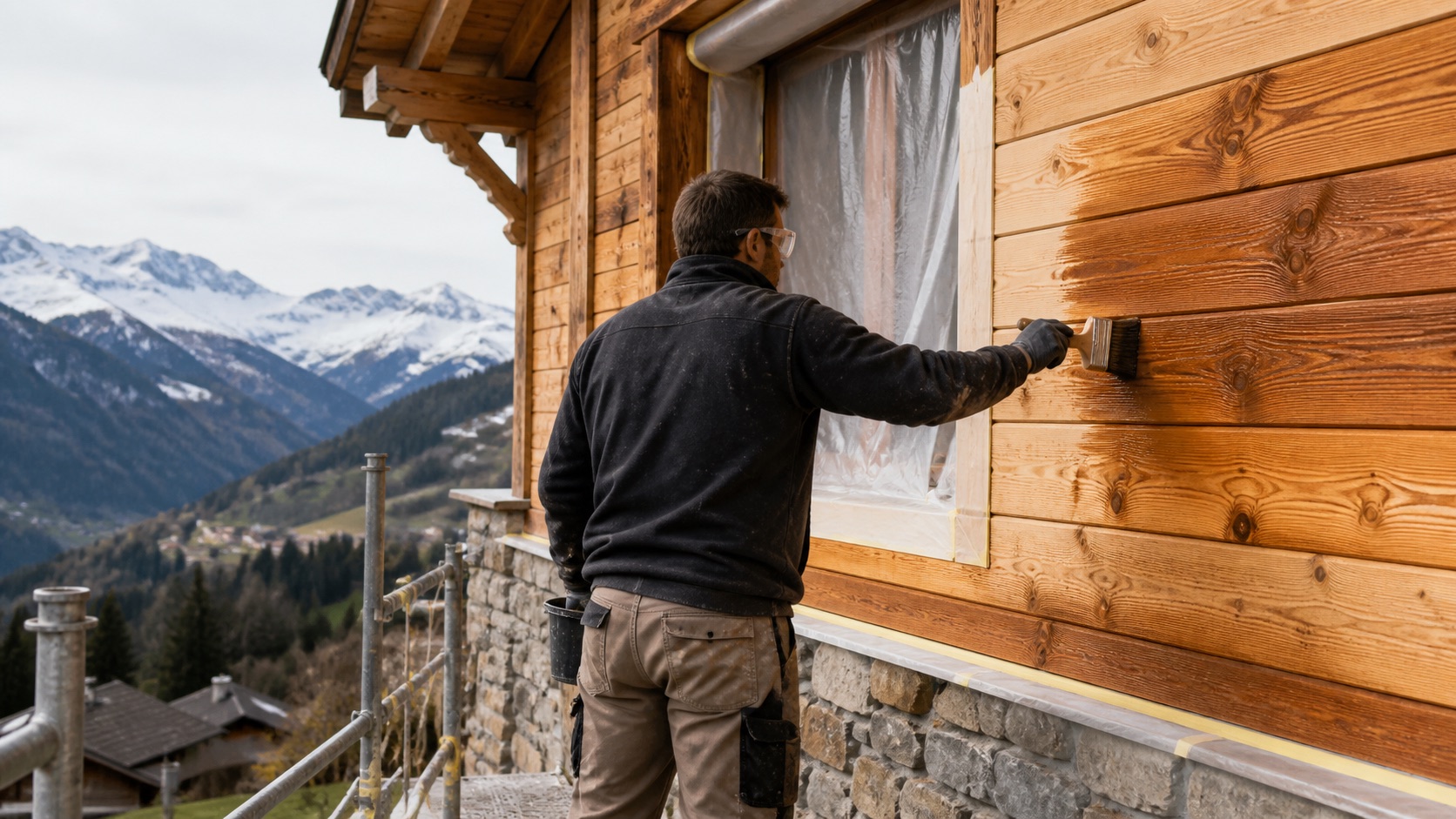 Application d’un traitement de protection sur le bois extérieur d’un chalet en Haute-Savoie — image d’illustration
